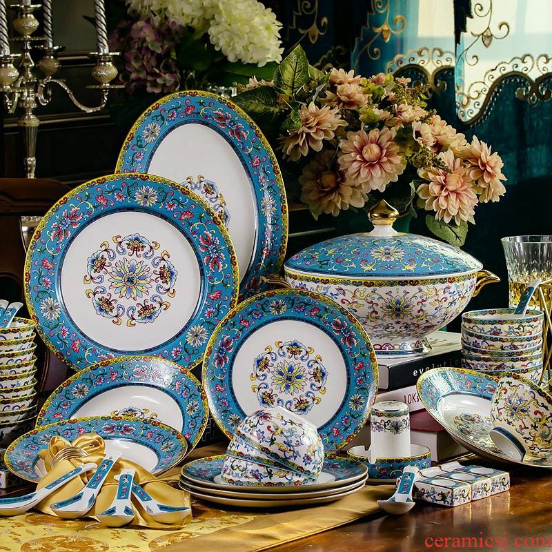 Ipads China tableware suit household of Chinese style ceramic bowl plate colored enamel dishes suit housewarming moving wedding gifts