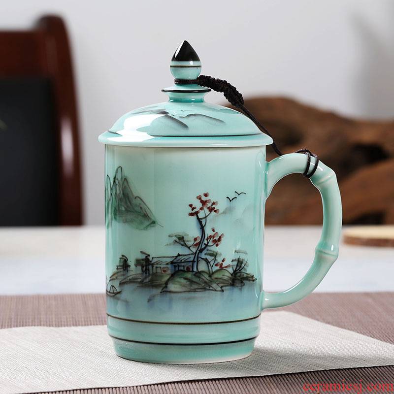 Celadon personal glass cup with cover office of jingdezhen ceramic hand - made cup gift cup large household tea cup