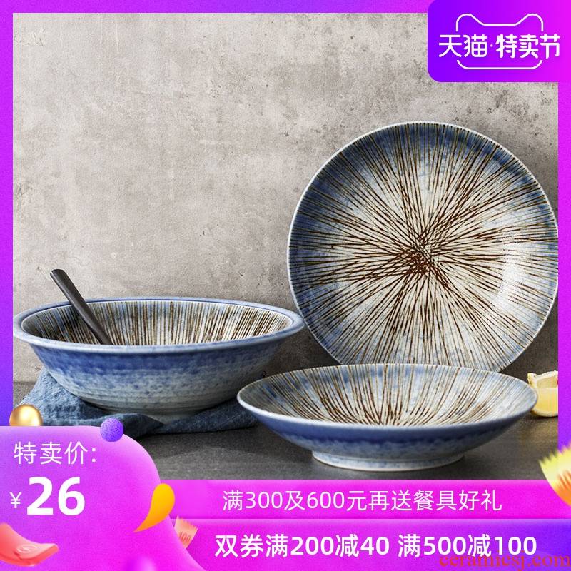 Retro magic blue ten grass grain plate 9 inches large disc ceramic bowl bowl of soup dish dish household Japanese - style tableware