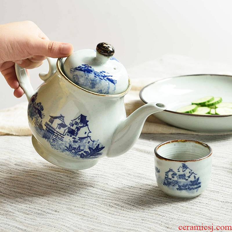 Three points to burn Chinese style under the glaze color cold cup pot, kettle disc Three - piece teapot landscape blue and white household ceramic tea set