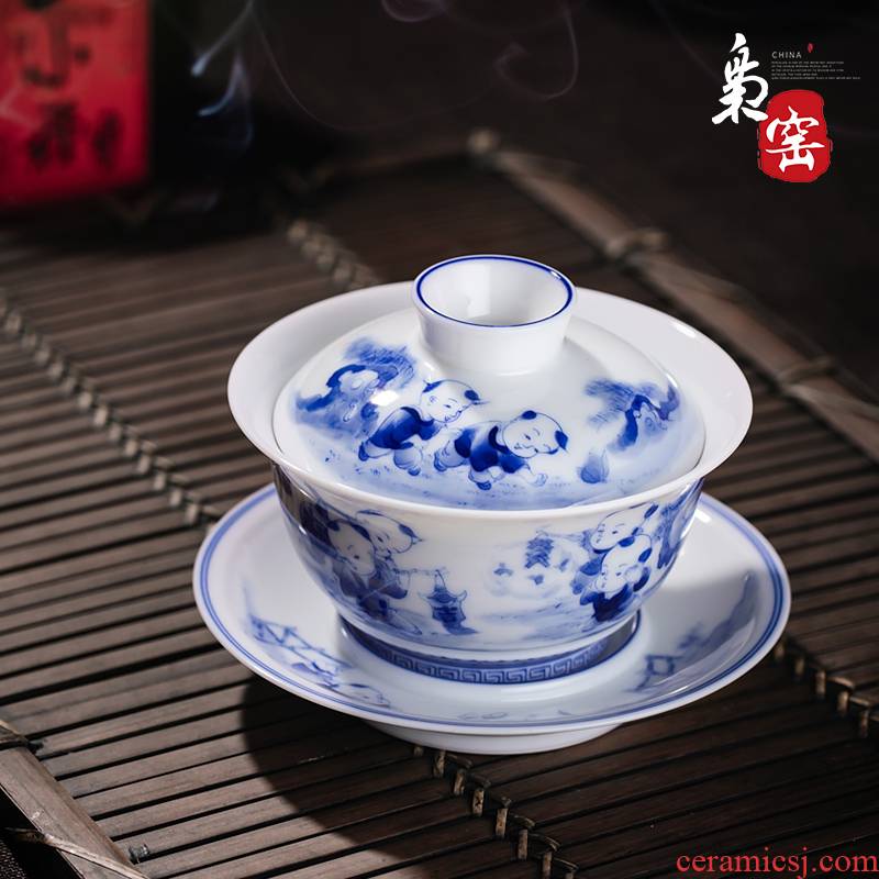 Jingdezhen kung fu tea set manual hand - made tea set under the blue and white glaze color lad ceramic bowl tureen three cups