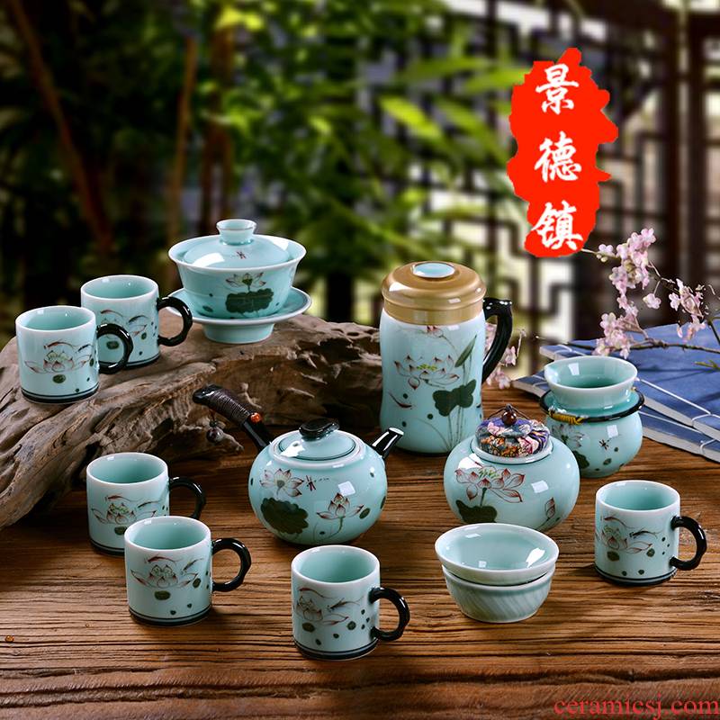 Jingdezhen ceramic hand - made kung fu tea set home office tea caddy fixings tureen gift box of a complete set of suits for