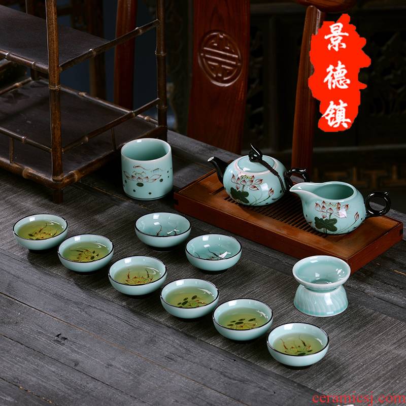 Jingdezhen hand - made celadon kung fu tea set the home office of a complete set of ceramic tea set master cup teapot gift set