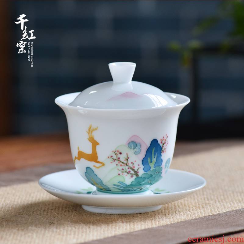 Thousand red up pure hand draw three only tureen heat - resistant single ceramic cups kung fu tea set household thin white porcelain tea bowl