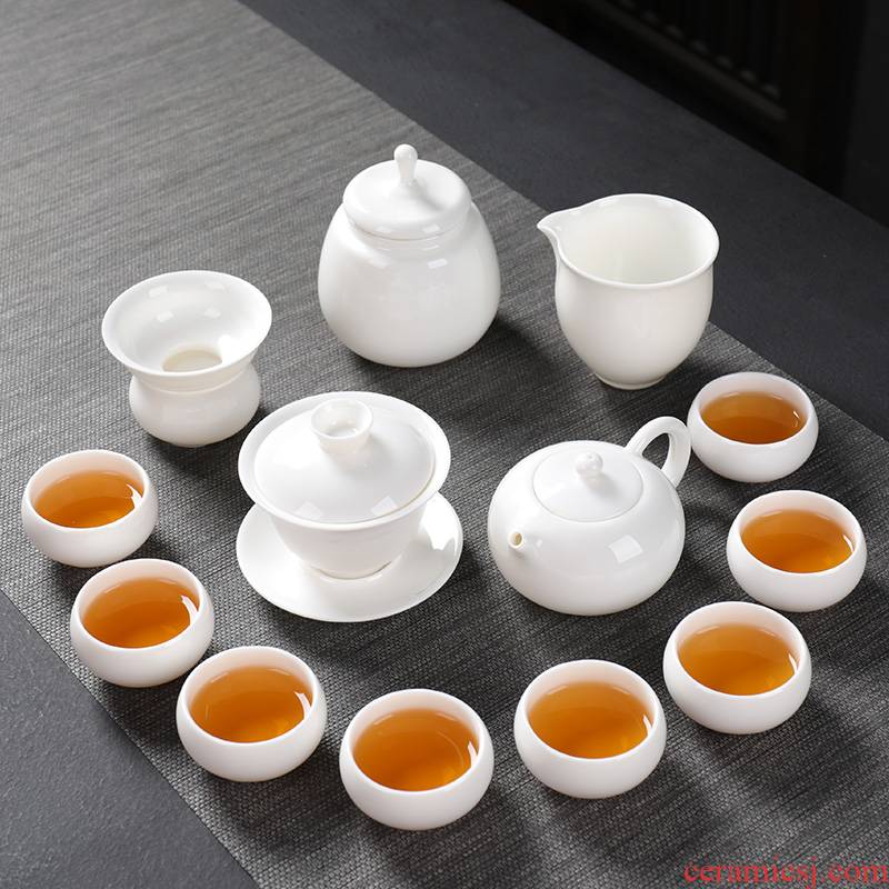 Ya xin suet jade porcelain kung fu tea set suit household dehua white porcelain tea set teapot teacup of a complete set of gift box