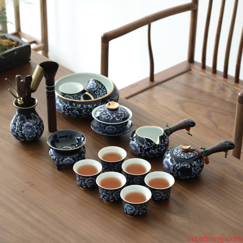 Jingdezhen blue and white porcelain ji blue kung fu tea set the lid to use contracted household ceramic cups Japanese side