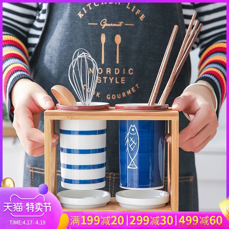 Shed in Japanese bamboo chopsticks tube ceramic binocular drop box of chopsticks chopsticks chopsticks cage barrels of multi - functional rack in the kitchen