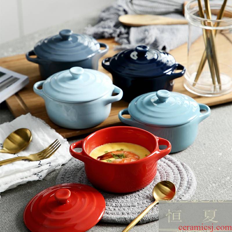 Creative ceramic porringer ears steamed egg bowl soup bowl with cover baking shu she baked dessert bowl bowl pudding bird 's nest