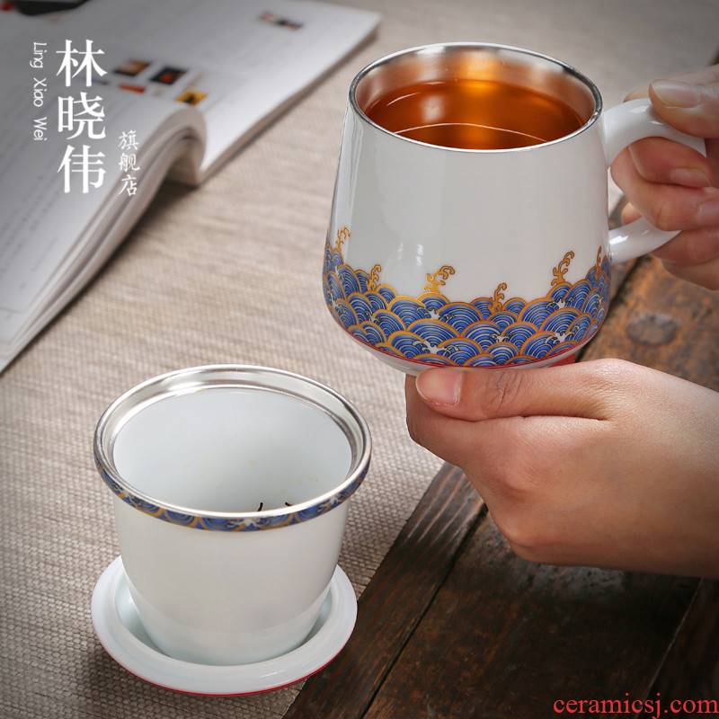 Jingdezhen silver cup 999 sterling silver colored enamel porcelain cup coppering. As silver cord cover filter office personal tea cups