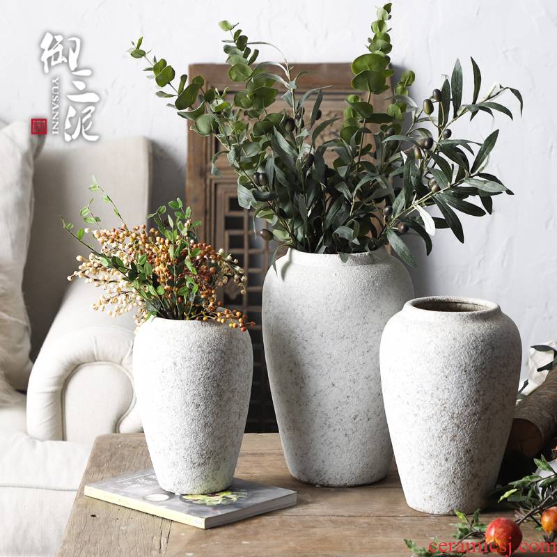 Retro POTS dry flower ceramic vase Nordic I and contracted hydroponic flower flower POTS coarse pottery eucalyptus leaf furnishing articles