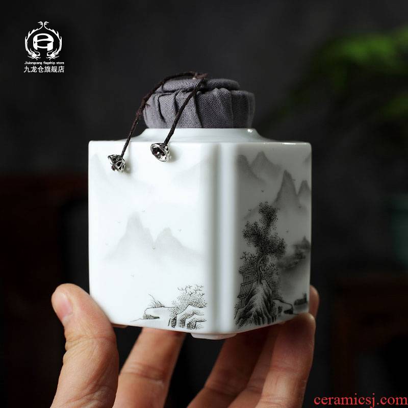 DH jingdezhen caddy fixings white square store receives the hand - made landscape ceramic seal pot of Chinese green tea packaging