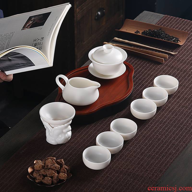True cheng dehua lard white porcelain tureen tea set ceramic bowl suit household kung fu tea bowl three cups