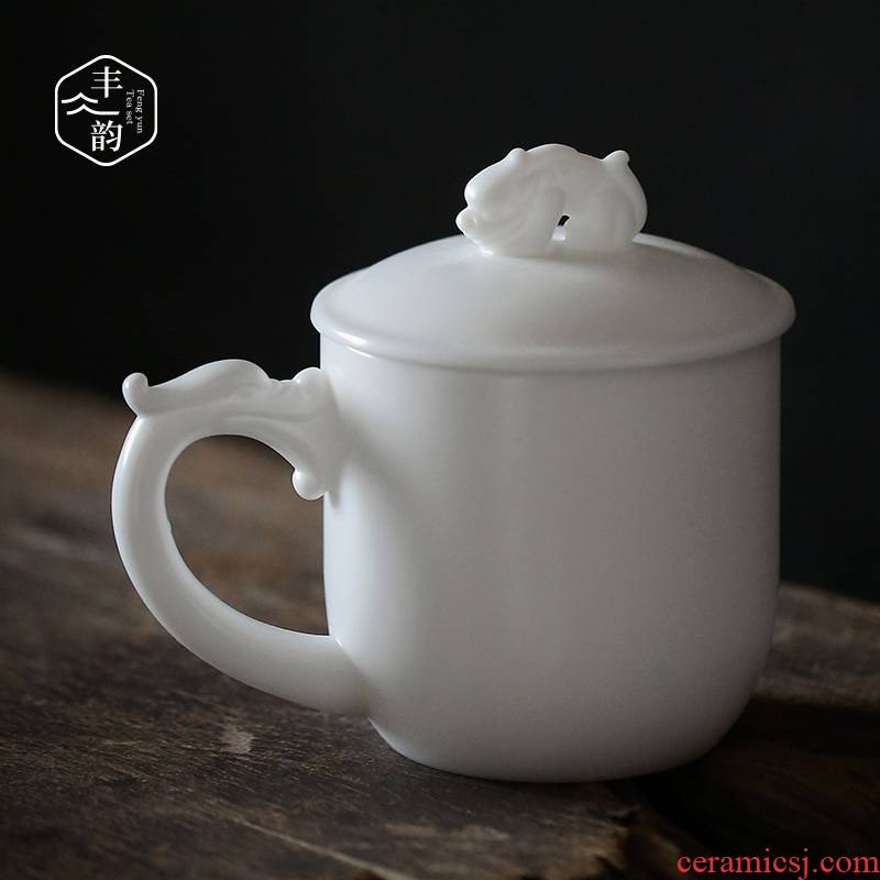 Dehua white porcelain with high office cup with cover a NPC capacity cup high - grade suet jade boss cup by hand