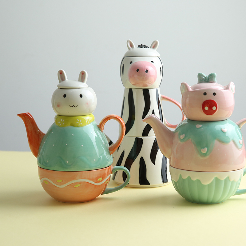 Mystery creative household express cartoon animals hand - made under glaze color porcelain tea teapot teacup kettle