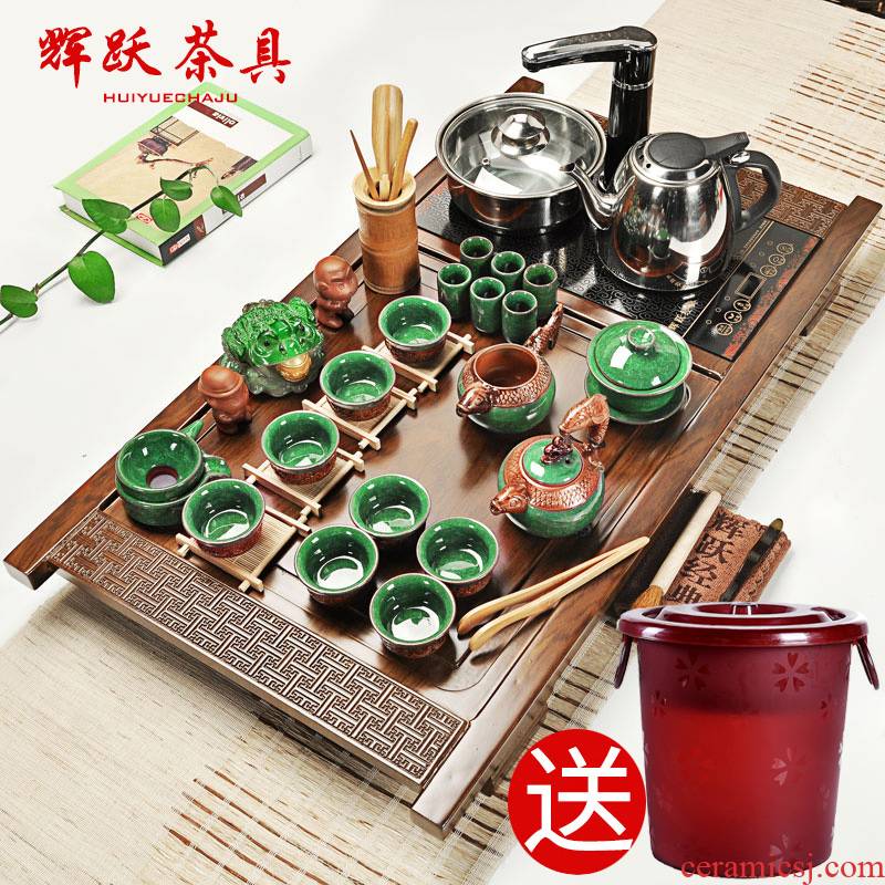 Hui, make violet arenaceous kung fu tea set a complete set of ceramic tea set home four unity electric magnetic furnace solid wood tea tray