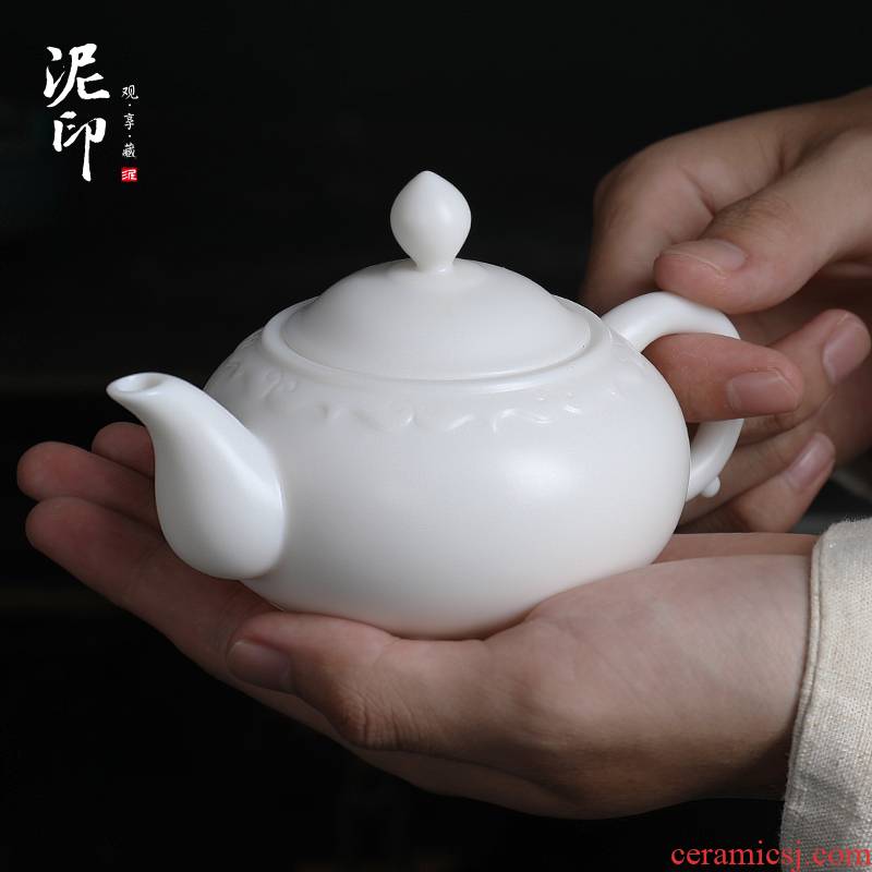 White porcelain teapot mud seal household manual auspicious pot of dehua suet jade teapot ceramic kung fu tea set gift boxes