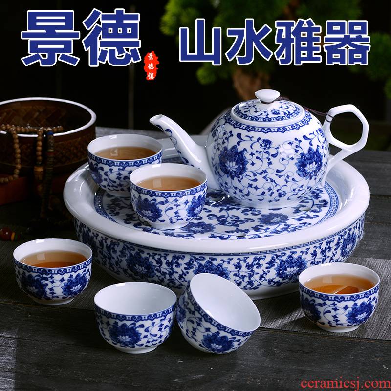 Jingdezhen blue and white porcelain of a complete set of kung fu tea set of household ceramic tea tray was high - capacity thin foetus office tea sets
