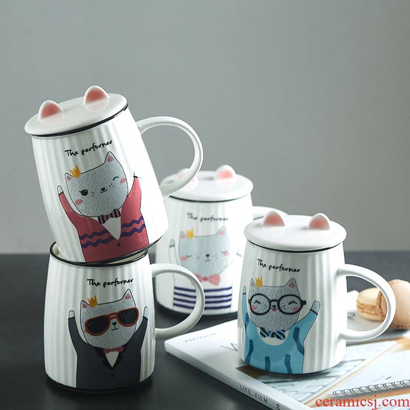 Mystery and lovely move creative cat water glass ceramic keller with cover to send breakfast milk cup a coffee cup