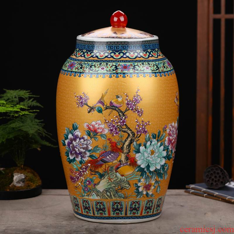 Jingdezhen ceramic barrel with cover home 20 jins 30 jins 50 kilo meters jar airtight store ricer box moistureproof insect - resistant