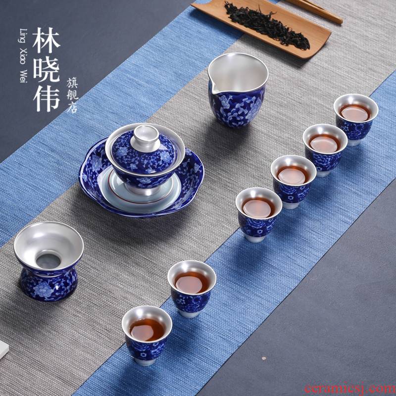 Jingdezhen blue and white porcelain craft coppering. As silver tea set with silver tureen teapot teacup of a complete set of ceramic gifts home