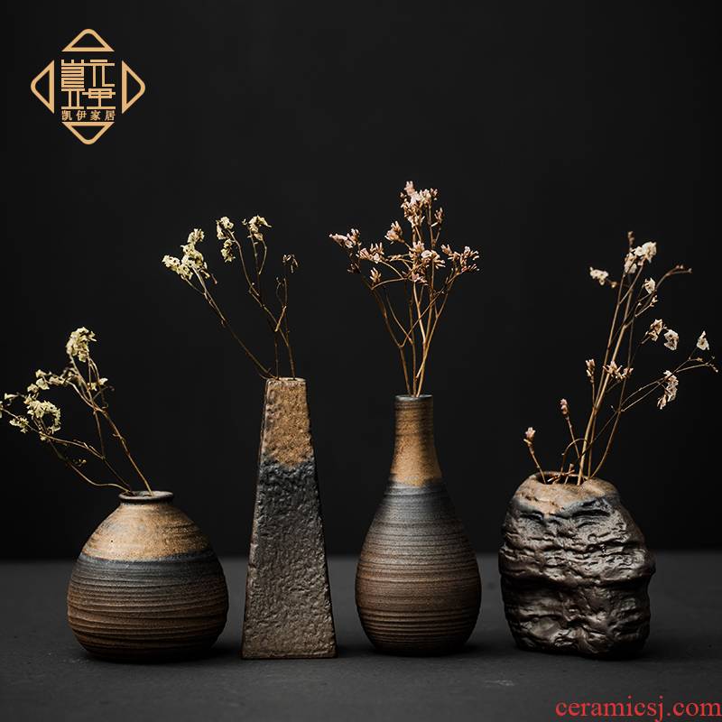 Japanese coarse pottery zen hydroponic flower flower implement manual vase retro ceramic flower tea handicraft furnishing articles