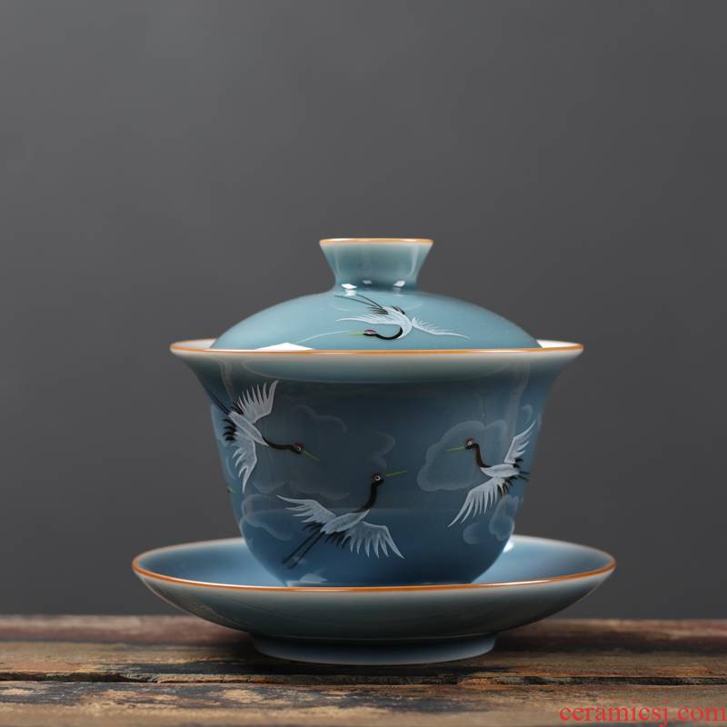 Poly real (sheng ji blue hand - made auspicious crane, single pot of ceramic teapot household tureen teapot tea, kungfu tea set