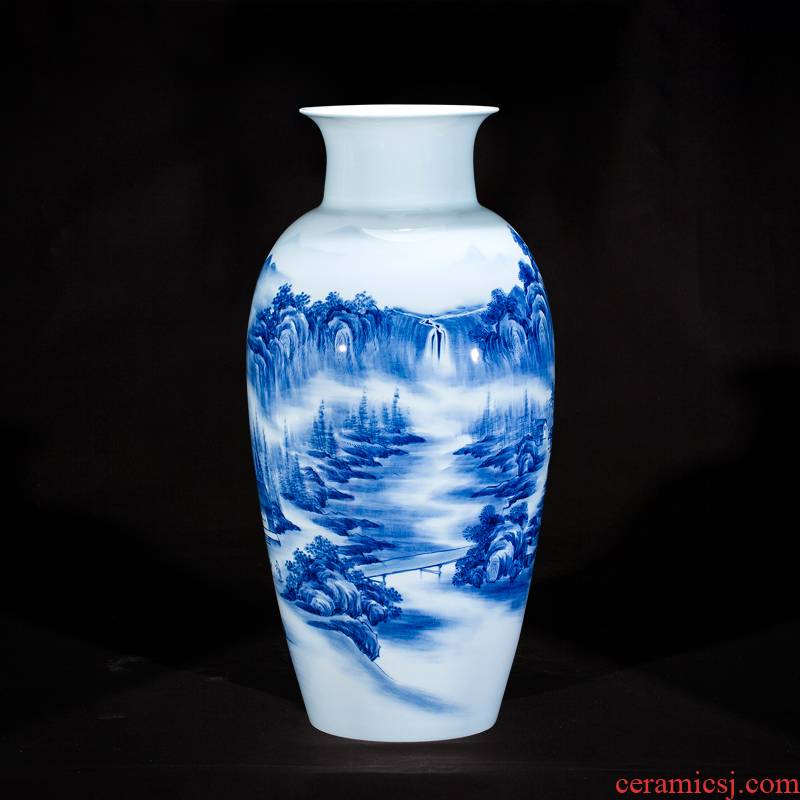 Jingdezhen ceramics famous hand - made the master of landscape painting the blue and white porcelain vases, large sitting room adornment style furnishing articles