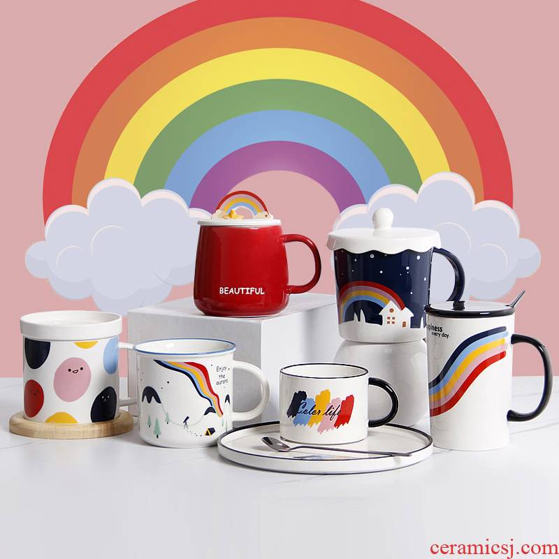 Couples high - capacity rainbow suit mark cup creative move trend ceramic coffee cup express it with a spoon