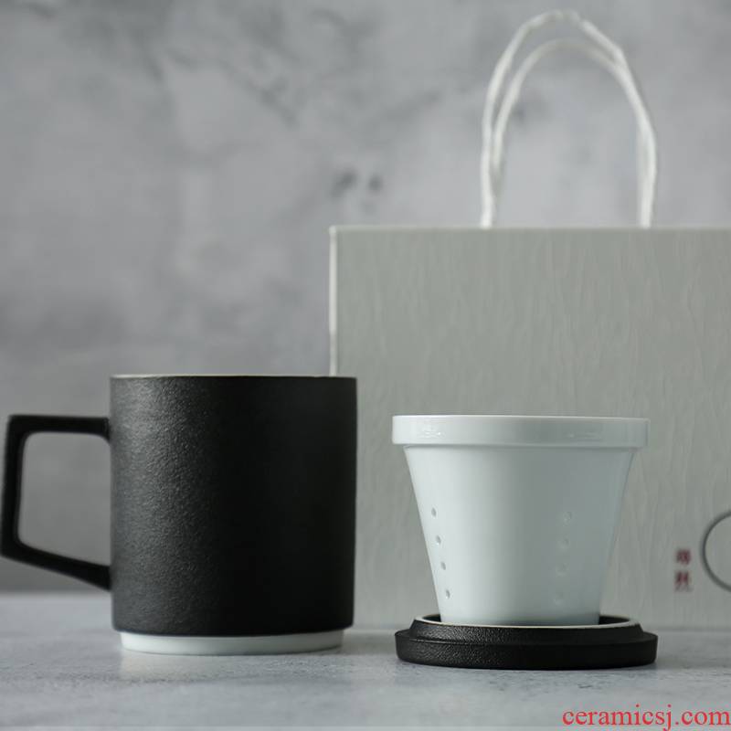 Japanese ceramic keller with cover with filtered water contracted coarse pottery large capacity gift office cup tea cup