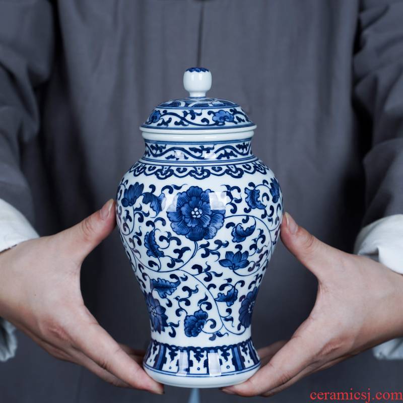 Blue and white porcelain of jingdezhen ceramics bound lotus flower general pot small tea caddy fixings furnishing articles home sitting room tea table