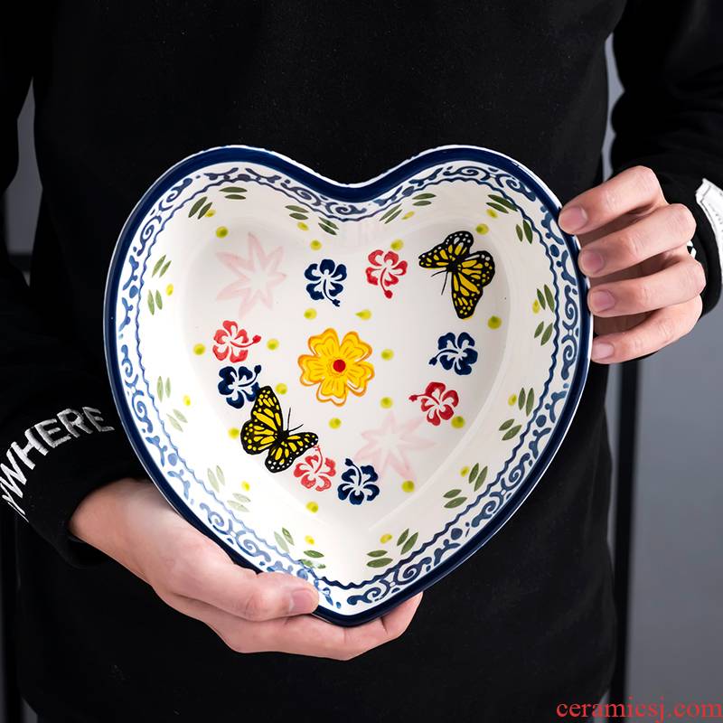 Nordic creative heart - shaped bowl hand - made tableware ceramic bowl contracted to use under the glaze color move household jobs large salad bowl