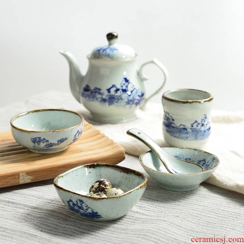 Three ceramic landscape painting snack bowl of blue and white porcelain bowl rainbow such as bowl of sugar water bowl character art tableware rice bowls