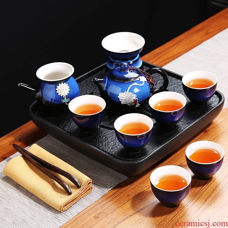 Silver tea set household contracted up coppering. As kung fu tea red glaze, a complete set of ceramic teapot teacup tea tray