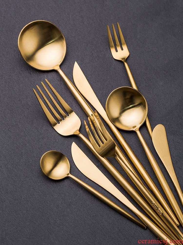 Porcelain color beauty of high - grade gold plated stainless steel western food restaurant tableware steak knife fork spoon, coffee spoon, cutlery set