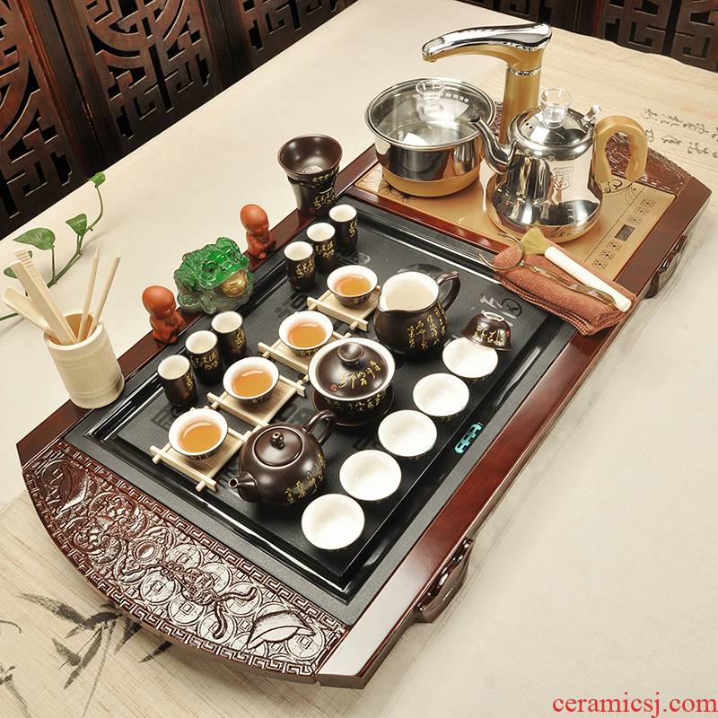 Beauty cabinet purple home kung fu tea set the teapot the joining together of four electric magnetic furnace tea tea solid wood tea tray