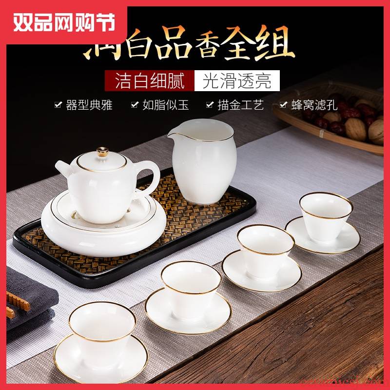 A complete set of kung fu tea set suit white porcelain paint household contracted and I ceramic teapot suet jade porcelain tureen cup