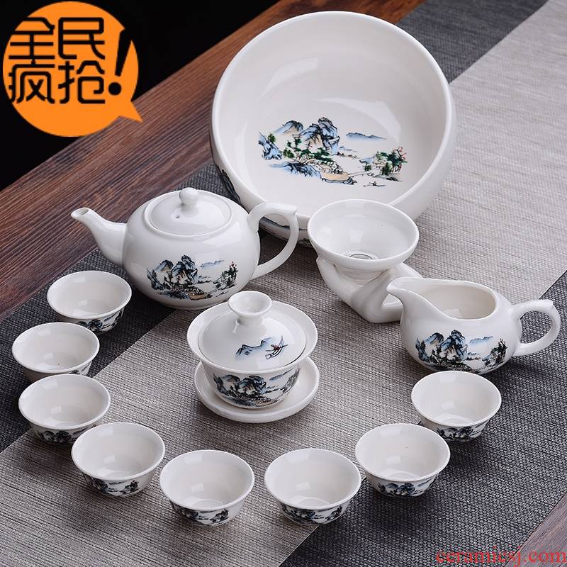Hui shi kung fu tea set special package mail cup teapot a complete set of ceramic tea set tea tureen white porcelain