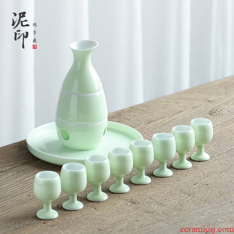 Mud seal temperature wine pot tray household archaize celadon wine hip flask glass based heating hot hip flask suit