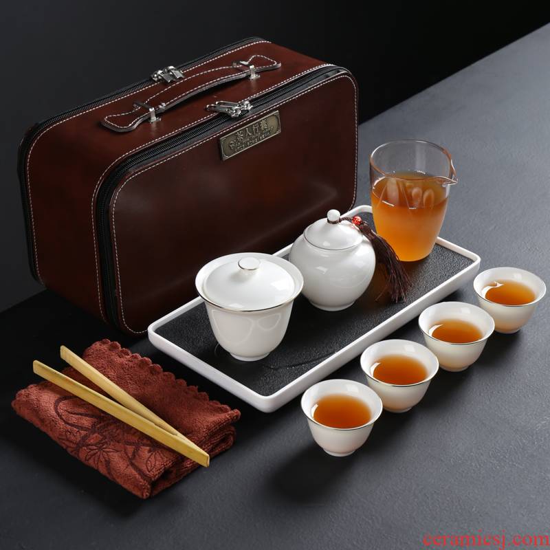 ZongTang travel tea sets tea tray of small portable bag suet jade white porcelain ceramic teapot tea home