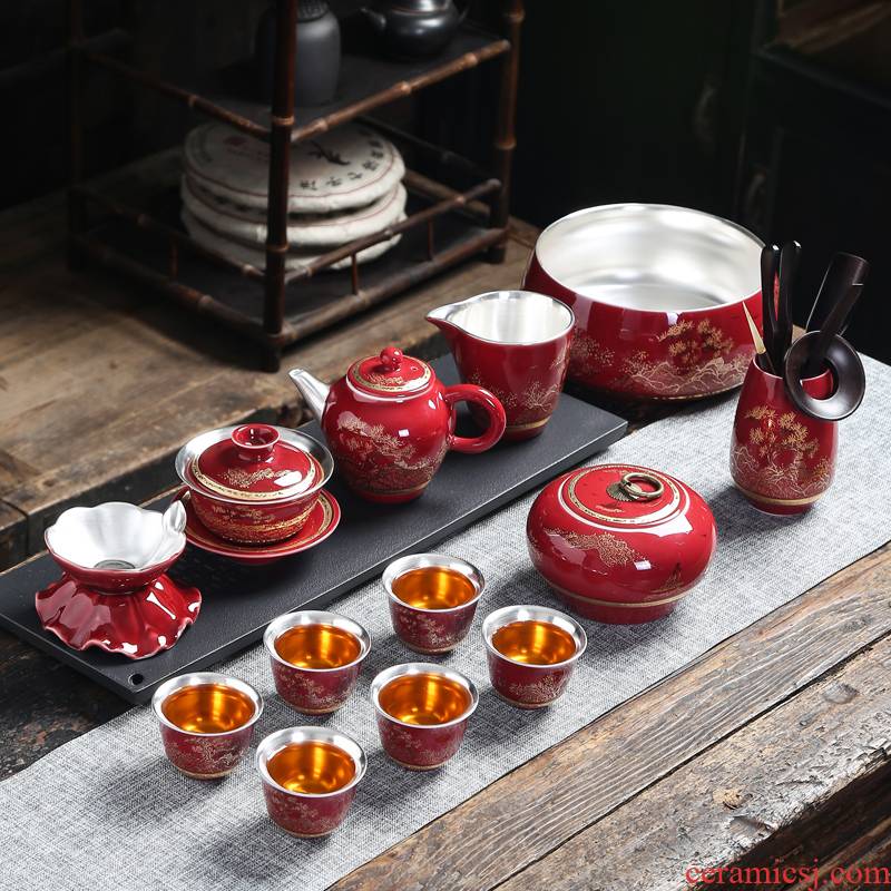 Jingdezhen ji red 999 sterling silver tea set tasted silver gilding kung fu tea teapot teacup of a complete set of household contracted