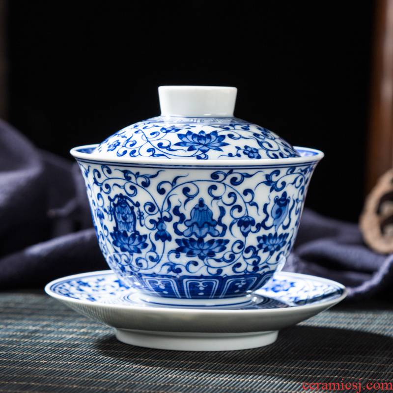 Blue and white tie up branches in jingdezhen ceramic tureen teacups hand - made lines finger bowl of tea cups of kung fu tea set