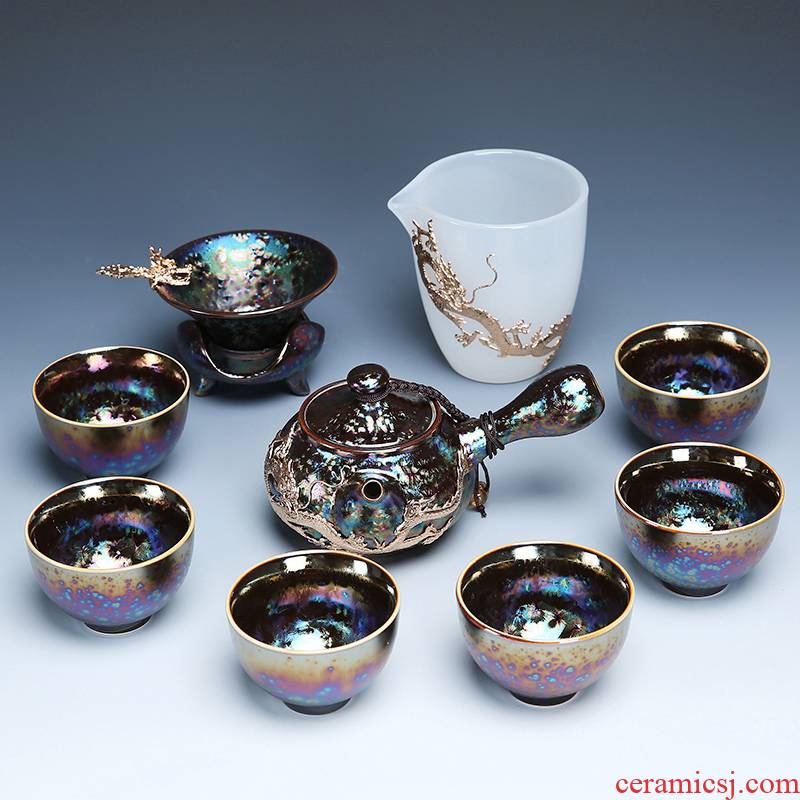 Variable temmoku household colorful peacocks suit the teapot tea tea set, ceramic colorful Japanese kung fu tea set