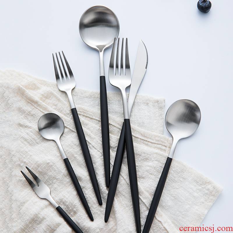 TaoDian black silver dessert fork stainless steel western tableware knives and forks household creative steak knife and fork spoon, dessert spoon