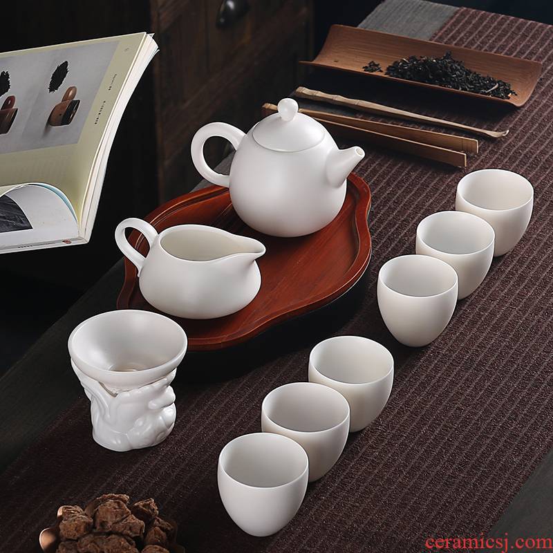 True cheng dehua white porcelain biscuit firing inferior smooth kung fu tea set home a whole set of home office ultimately responds mercifully tea cups