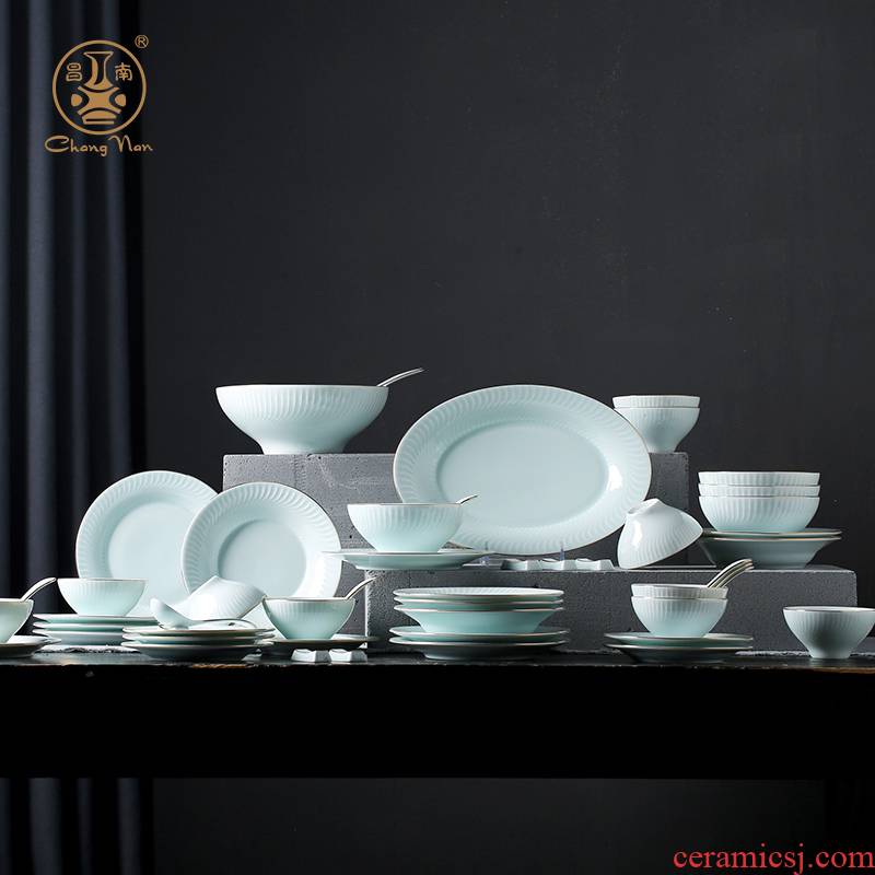 Chang south of jingdezhen ceramic bowl set home dishes Chinese dishes contracted plate shadow carving dishes