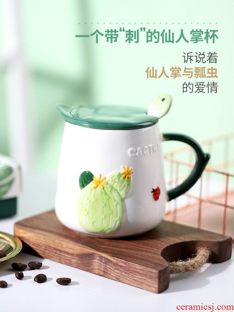 Cactus ceramic cup mark cup with cover spoon, lovely ultimately responds cup getting breakfast coffee cup creative move trend