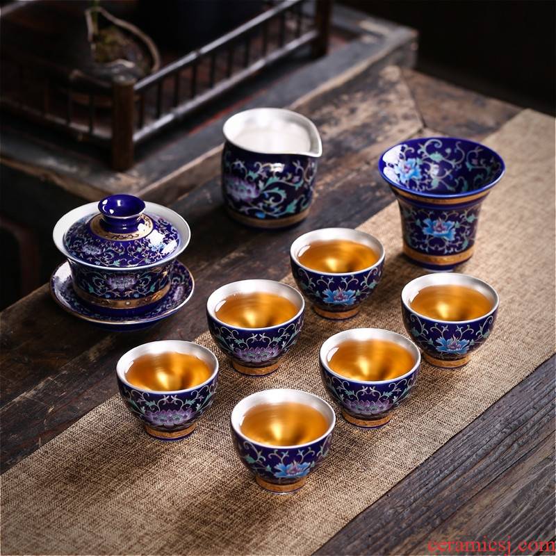 Household jingdezhen silver tea set colored enamel kung fu tea tasted silver gilding gift of a complete set of ceramic teapot teacup