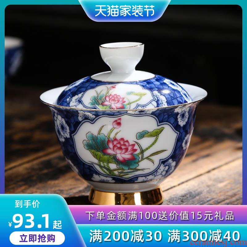 Tureen tea bowl large kung fu tea tea bowl of blue and white porcelain ceramic hand three Tureen worship only catch a pot of tea cups