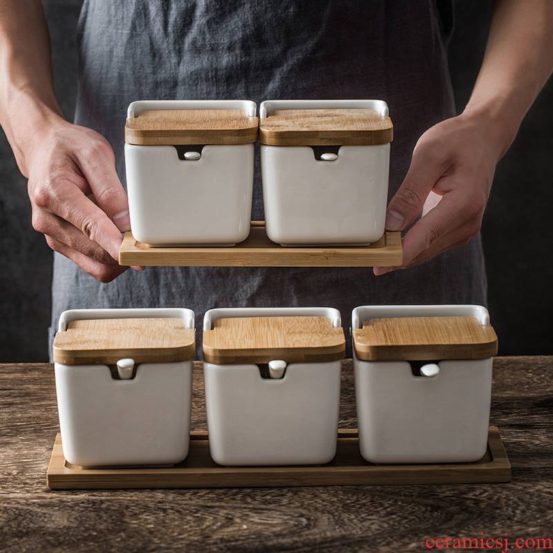 Japanese bamboo flip seasoning as cans creative three - piece seasoning sauce pot boxed set household ceramics flavor pot