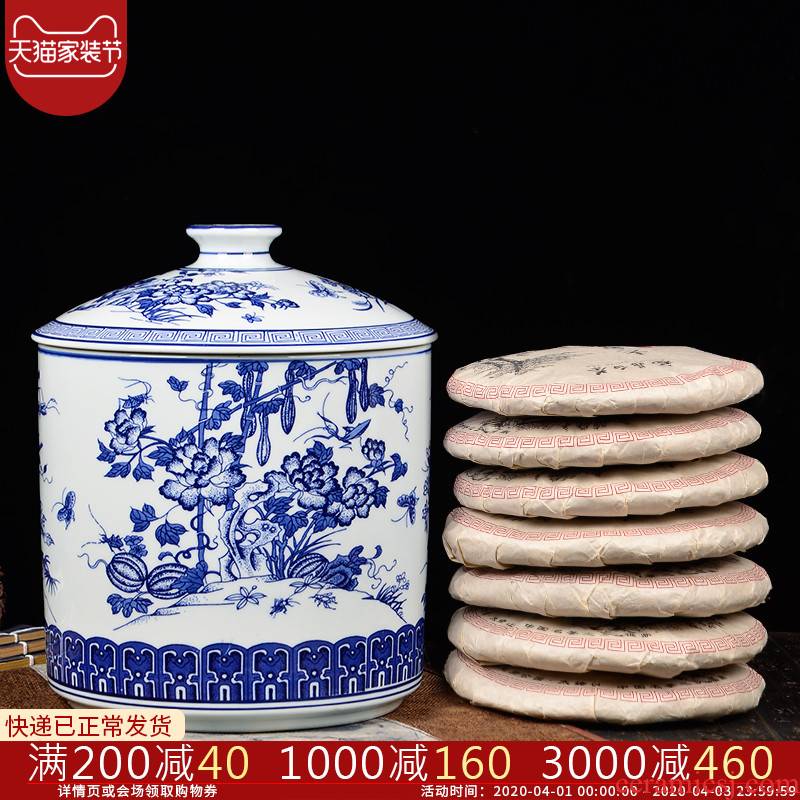 Blue and white porcelain of jingdezhen ceramics furnishing articles large pot of pu 'er tea cake store receives the seventh, peulthai the tea cake tin tea set